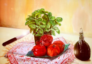 Stillleben mit iranische Granatäpfel, Öl auf Karton, 2006