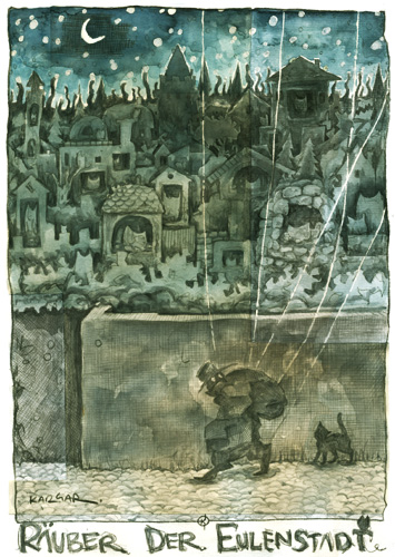Kargar "Räuber der Eulenstadt" - Bild Nr. 9 aus der Marionettenserie - Aquarell auf Papier / Collage